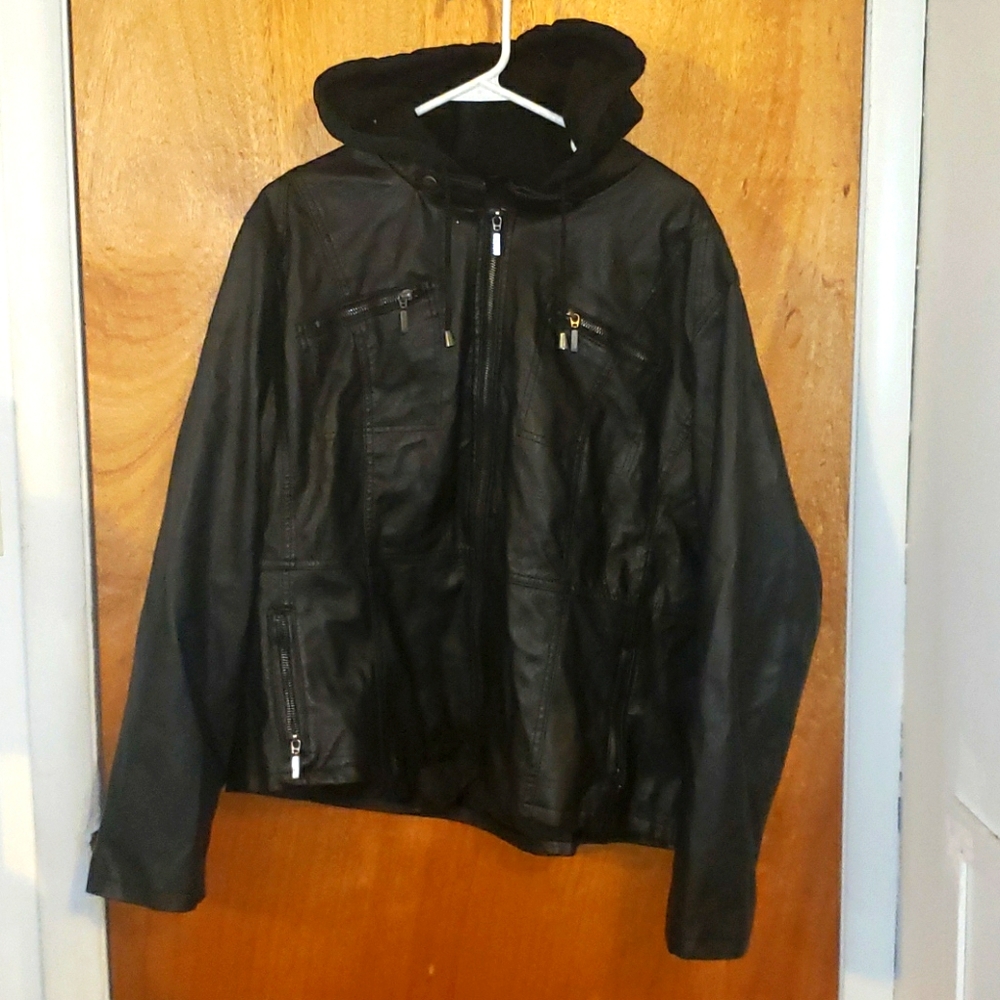 Faux Leather Jacket with Hood